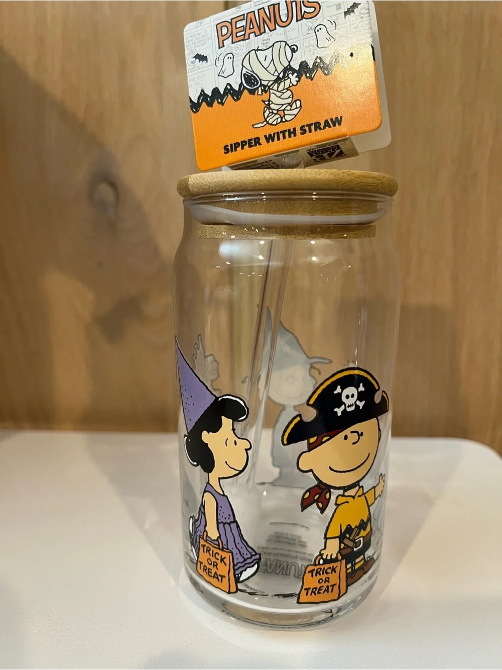 Peanuts Clear Halloween Glass Sipper with Pink and Yellow Accents